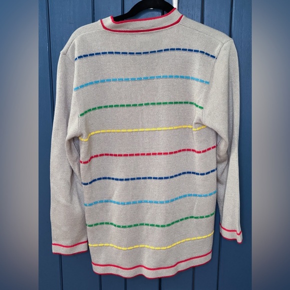 Vintage Beige Rainbow Striped Cardigan Sweater Size 10 M L Pride Whimsical - Picture 4 of 4